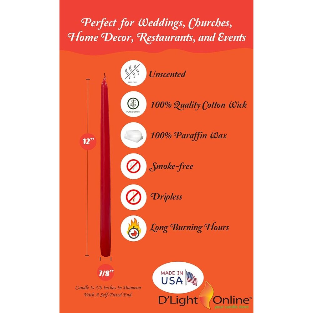 Elegant Unscented 12" Red Taper Candles Premium Quality Hand-Dipped Tapered Cand - Picture 2 of 4